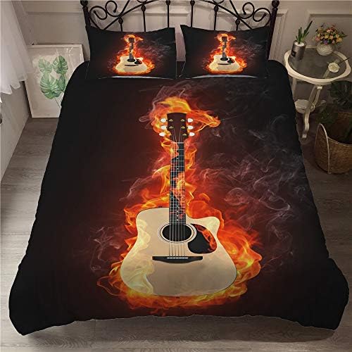 Duvet Cover Set for Single Double Super King Size Bed, Morbuy 3D Guitar Printed Microfiber Bedding Sets Duvet Set with Pillowcases and Quilt case (Single-135x200cm -2pcs,Combustion)