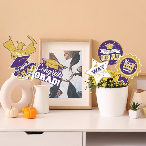 Image of 2026 Graduation Party Decorations - 24 Pcs Class of 2026 Congrats Grad Table Centerpieces Graduation Table Decorations Sticks Table Toppers for Graduation Party (Purple Gold)