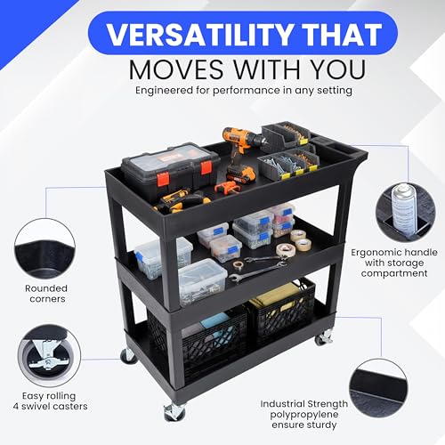Image of Luxor EC111-B 3-Shelf Heavy Duty Rolling Plastic Utility Cart, Black | Supports 400 lbs. 35.25 x 18 x 36.25 in. HDPE frame with 2.5 in deep tubs. Ideal for garage, warehouse or office use