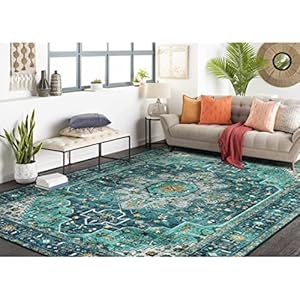 Moynesa Ultra-Thin Washable Vintage Area Rug - 6x9 Teal Large Dining Room Rug for Bedroom, Non-Shed Living Room Mat, Indoor Oriental Medallion Hardwood Floor Carpet for Office Home Decor 6'