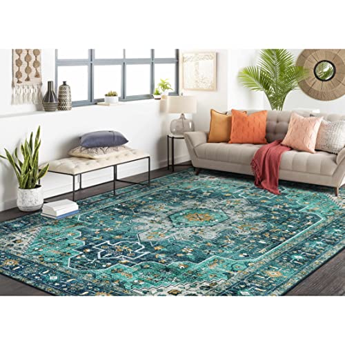 Moynesa Ultra-Thin Washable Vintage Area Rug - 6x9 Teal Large Dining Room Rug for Bedroom, Non-Shed Living Room Mat, Indoor Oriental Medallion Hardwood Floor Carpet for Office Home Decor