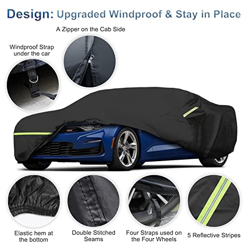 For Camaro Full Car Cover All Weather, Outdoor Car Covers With Zipper And Soft Cotton Lining, Windproof Heavy Duty Waterproof Protection Fit For 2010-2023 Chevy Camaro (Up To 190''L) #TOP2