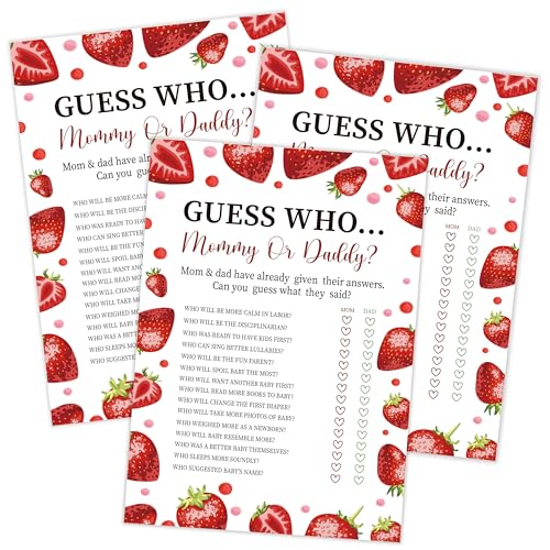 Qoqxjodd Strawberry Guess Who Mommy or Daddy Game, Baby Shower Game, Pack of 30 Game Cards, Gender Neutral Boy or Girl, Fun Baby Game and Activity - FA17