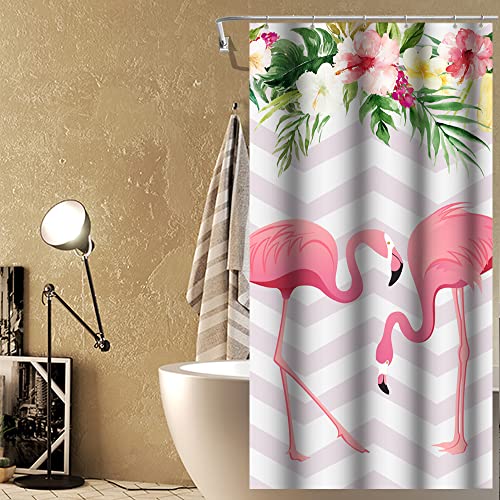 Oerju 36X72Inch Pink Flamingo Shower Curtain Cute Tropical Animal Colorful Floral Green Leaf Botany White Stripe Arrows Base For Bathroom Decor Fabric Polyester Shower Curtain Liner With Hooks #TOP1