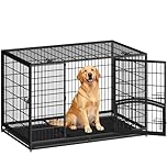 Fobyfurny Heavy Duty Dog Crate, 4-Door Metal Dog Cage, 122 x 74.5 x 80.5 cm, Dogs Cage with Side Door and Removable Tray, Easy to Clean, Large Pet Cages, Indoor Dogs Crate, Black, FPDC103FB1