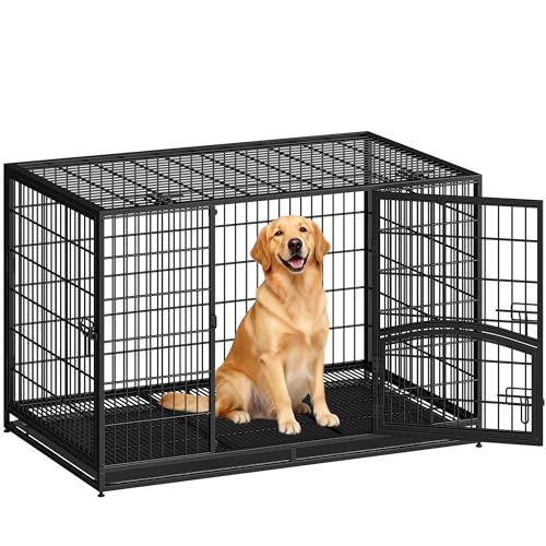 Fobyfurny Cage pour Chien Lourd, XXL Cage pour Chien Métal avec Porte Latérale et Plateau Amovible, Facile à Nettoyer, 4 Portes Caisse pour Animaux, Caisse Chien Intérieur, Noir, 122 x 74,5 x 80,5 cm