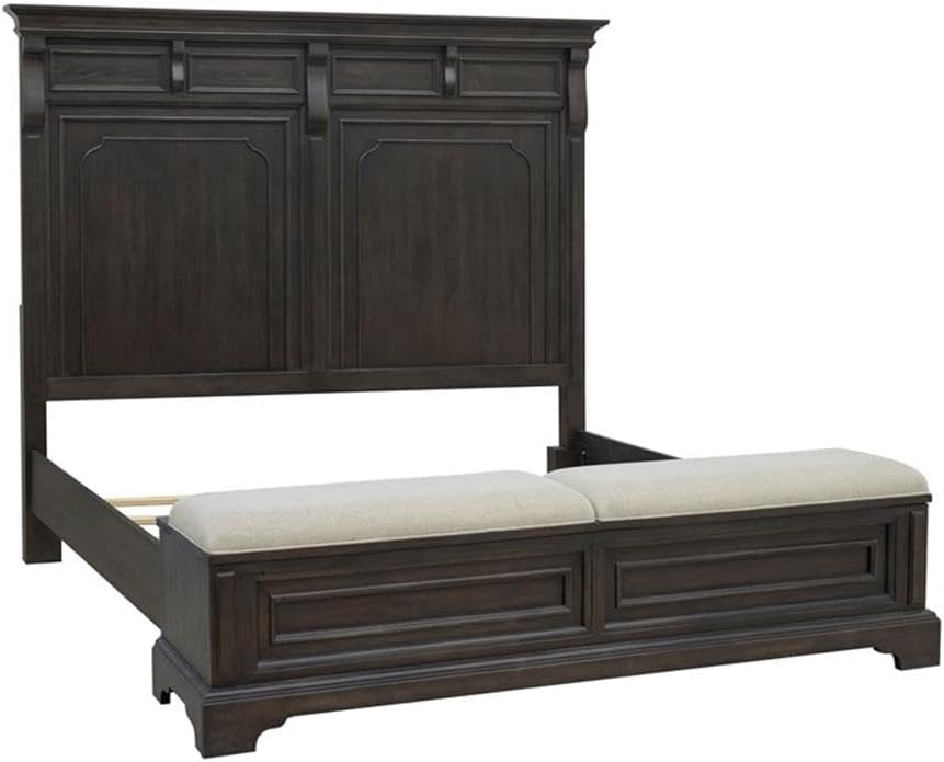 BOWERY HILL Queen Storage Bed, 68 in W x 105 in D, Hickory Wood Veneer, Brown Velvet Finish, Mantel-Style Headboard, Upholstered Hinged Footboard Storage, Classic English Style Bedroom Furniture