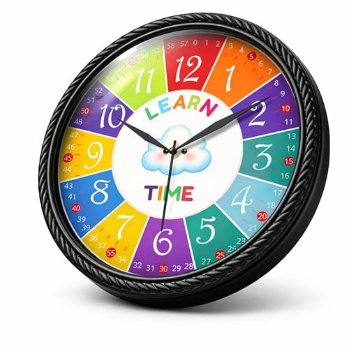 Image of AmeraKart- 10 Inch Kids Educational Wall Clock for Learning Time - Colorful Hour & Minute Teaching Clock for Children, Classroom & Study Room Decor I No Drill-Free Adhesive Hook Included