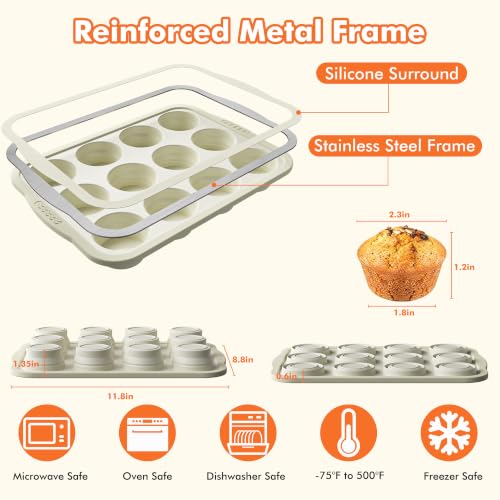 Hybemmy 2 Pack Silicone Muffin Pan for Baking with Metal Reinforced Frame, Foldable 12 Cup Regular Size Nonstick Cupcake Pan, Muffin Tray for Baking, Dishwasher Safe Egg Bite Molds for Oven,Beige by Hybemmy - Used condition - Image 3
