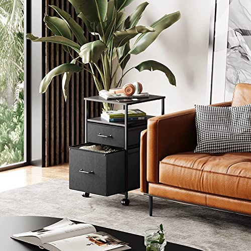 Devaise 2 Drawer Mobile File Cabinet, Rolling Printer Stand With Open Storage Shelf, Fabric Vertical Filing Cabinet Fits A4 Or Letter Size For Home Office, Black #TOP1