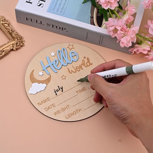 Nogeqi Meilensteinkarten Baby Holz, Hallo Welt Holzschild, Hello World Baby Holzschild, Rund Willkommensschild für Neugeborene Jungen Mädchen, Geburtsanzeige für Schwangere Werdende Eltern, Blau