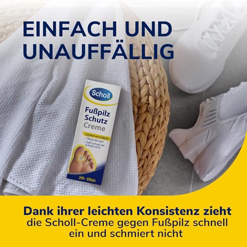 Scholl Fußpilzcreme zur Pflege, 30 ml - Intensive Fußpilzbehandlung, hautfreundliche Formel, Jojobaöl & Vitamin E, 24h Schutz vor Fußpilz, kühlender Menthol & Eukalyptus Effekt, effektive Fußpflege