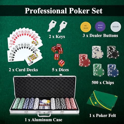 HOMASIS Pokerset mit 500 Chips, Poker Koffer mit 2 Kartendecks, 5 Würfel, Kasino-Matte, 3 Dealer Button, abschließbar Pokerkoffer Profi aus Alu, Komplettes Poker Set Pokerkarten für Partys (Silver) – Bild 4