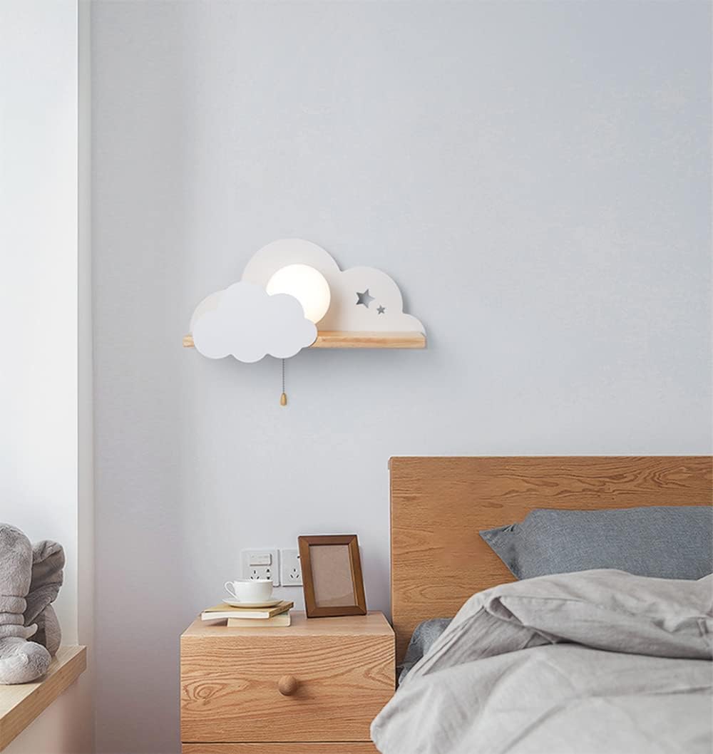 LITFAD Cute Sun & Cloud Wall Light with Pull Chain & Shelf Metal LED Sconce Light Modern Creative Wall Lamp for Girls Bedroom Hotel Kids Room Hotel Corridor Stairway - White