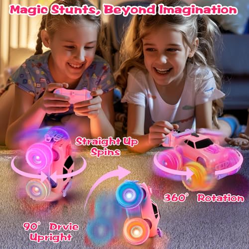 Drefirsa Princess Remote Control Car for Girl, Pink Monster Truck with DIY Sticker, Headlight, Colorful Wheel Light, Rotation, Spin and Spray, Toy Car for Girl 3 4 5 6 7 8 Year Old Birthday Gift — view 3