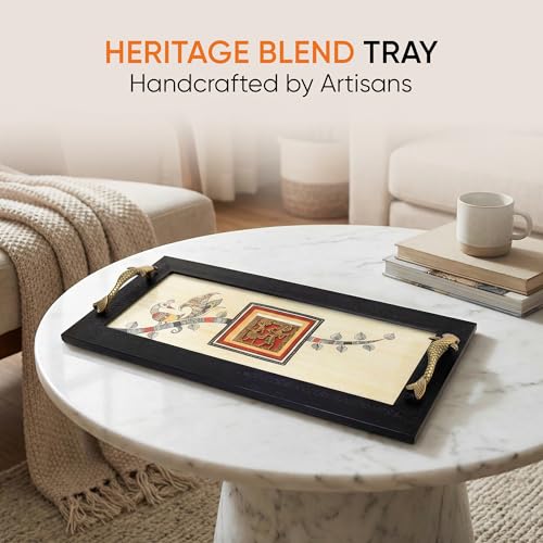 Image of Aakriti Art Creations Heritage Blend Tray, Serving Platter Beige | Madhubani Art with Matte Finish, Handcrafted Metal & Wood Tray with Handles | Tray for Kitchen Decor & House Warming Gifts