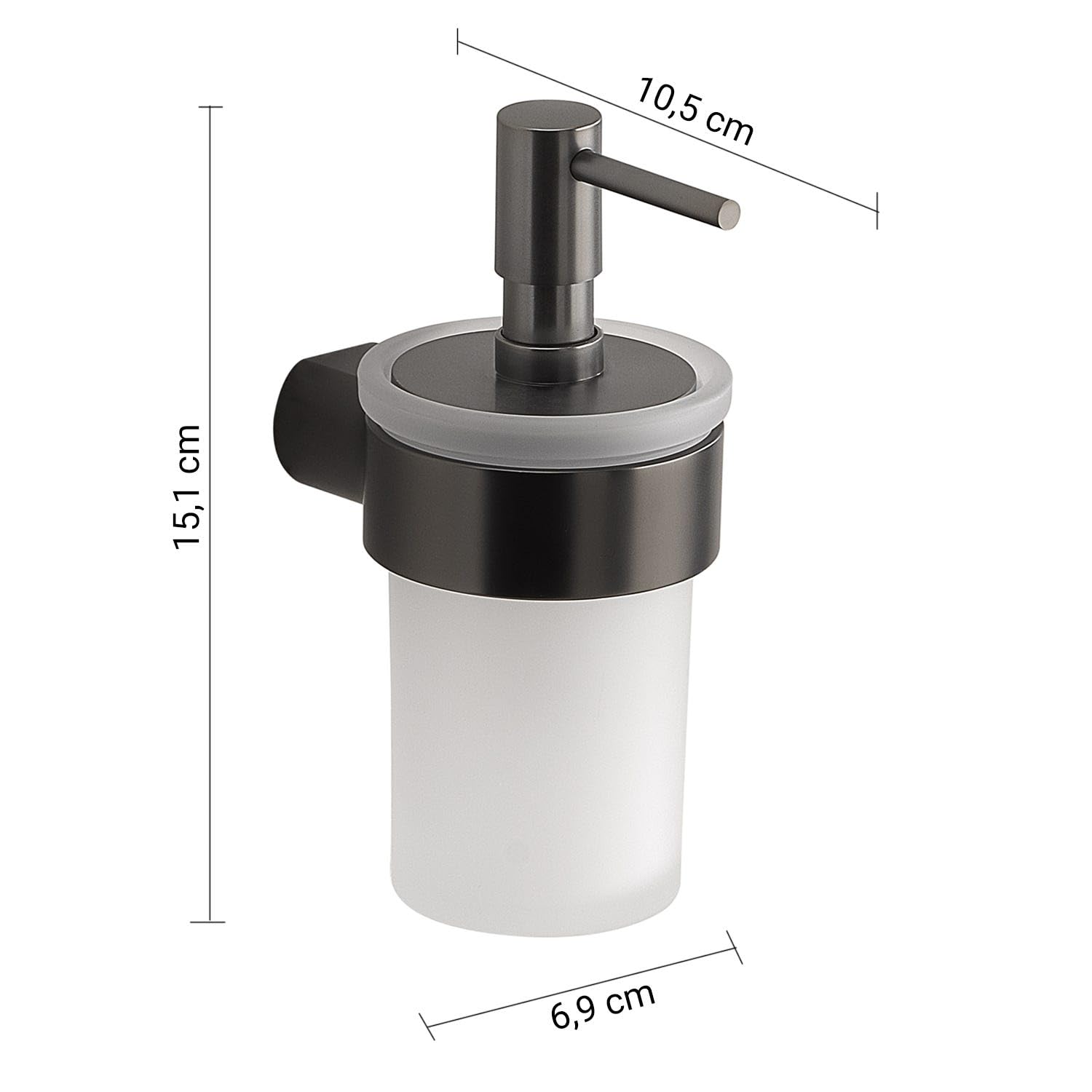 Kiamami Valentina - Distributeur de savon mural en verre satiné, finition gun metal, fixation à vis, capacité 140 ml, ligne Palazzo