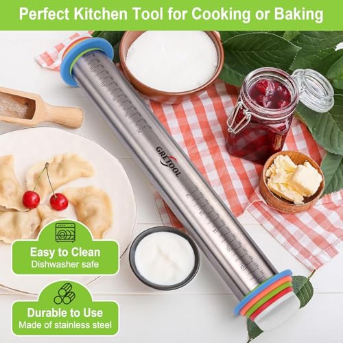 GERTOOL rolling pin and silicone baking pastry pad set, stainless steel dough roller, rolling pin with adjustable thickness ring, 17.1 inches by GRETOOL - Image 6