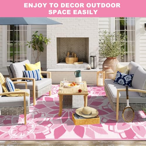 LOKHOM Outdoor Rug for Patio 8x10 ft Reversible Plastic Straw Patio Camping Rug, Floral Waterproof RV Mat for Camper Indoor Outdoor Carpet for Deck Porch Picnic Beach Balcony Backyard, Pink & White by LOKHOM - Used condition - Image 8