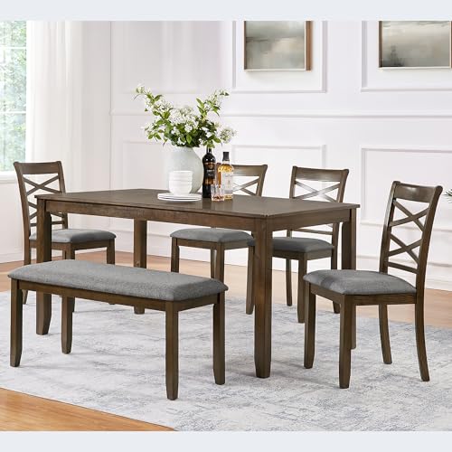 WOODHOMER 6 Piece Wooden Dining Table Set with 4 Chairs and a Bench, Rectangular Kitchen Table Set for 6 People, Modern Dining Room Table Set for Kitchen and Dining, Walnut