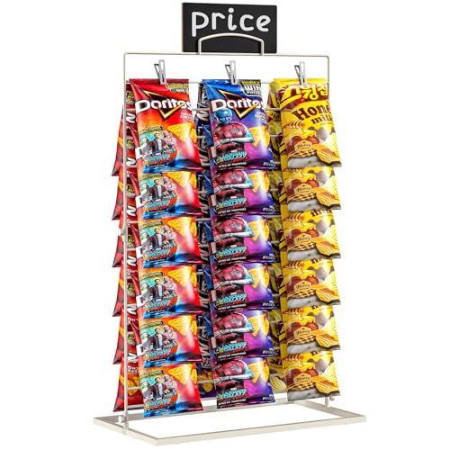 TJ.MOREE Chip Rack Display Stand, 3-Row 48 Clips Countertop Snack Hanger, White Metal