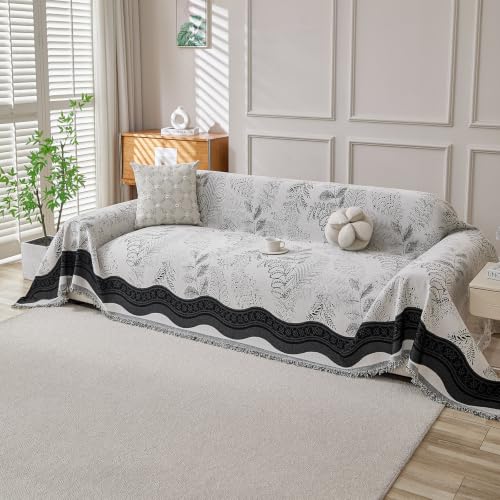 DREAMINGO White Black Farmhouse Couch Cover Fern Botanical Jacquard Sofa Covers for 2 Cushion Couch Cozy Chenille Living Room Loveseat Sectional Sofa Slipcovers Washable, Large 71"x118"