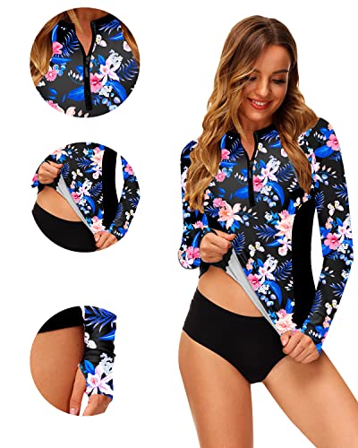 Women's Floral Swim Shirt Zip Uv Tropical Print Active Long Sleeve Rash Guard Thumb Hole M #TOP3