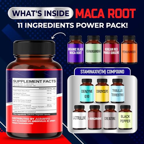 AUMETO Maca Root Supplement - Advanced 12-in-1 Formula with Ashwagandha, Fenugreek, Panax Ginseng for Muscle Growth, Stamina and Performance - Made in The USA (90 Count (Pack of 1))