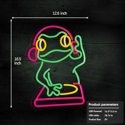 Image of DJ Frog Neon Sign for Wall Decor, Scratch Frog Dimmable LED Neon Light Sign for Gaming Room Decor Wall Art Birthday Gift Men Cave 16.46 * 12.60 Inches, USB Powered.