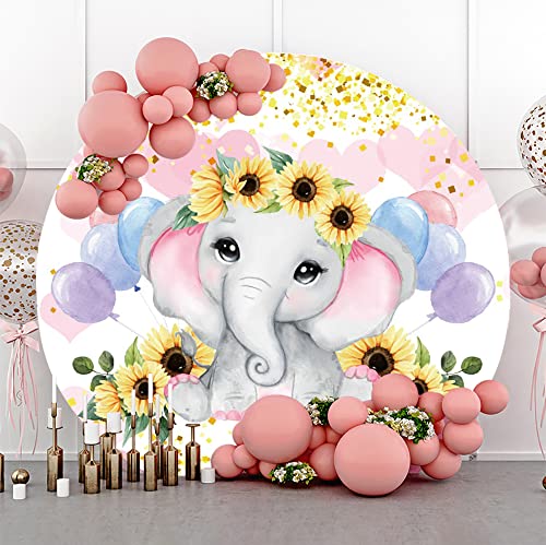Yeele 7X7Ft Cute Little Elephant Round Backdrop Cover Golden Glitter Dots Sunflowers Colorful Balloons Photography Background For Kids Girls Baby Shower Birthday Party Decor Banner Photo Props #TOP1