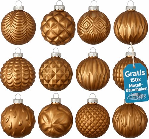 Premium Weihnachtskugeln 12-teiliges Set Echtglas Glaskugeln Weihnachten Weihnachtsdeko Tannenbaumkugeln Glas Christbaumkugeln Weihnachtsbaum (I 8)