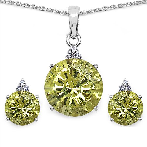 JOHAREEZ10.43cts Lemon Topaz & White Cubic Zirconia Rhodium Plated .925 Sterling Silver Pendant Set for Women