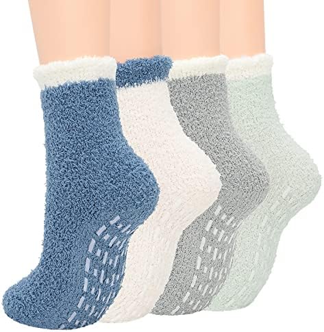 Zando Womens Fuzzy Socks Super Soft Slipper Socks Non Slip Winter Socks Warm Socks Grip Socks Sleeping Fleece Socks Indoor Cozy Socks Home Comfy Socks Fluffy Socks 4 Pack Candy Blue One Size