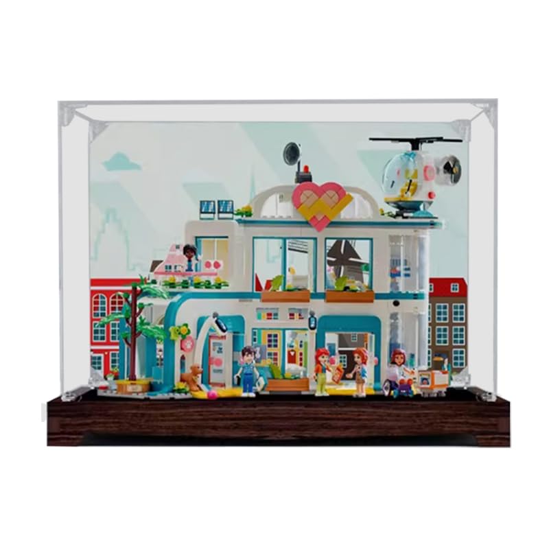 Przezroczysta akrylowa gablota do LEGO Friends 42621 odpowiednia do szpitala miejskiego Heartlake City Hospital pudełko prezentowe (tylko gablota) (spód orzecha włoskiego + tło)