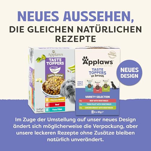 Applaws Premium Natural Nassfutter für Hunde, getreidefreie Auswahl an Fleisch und Fisch in Brühe, Topping für Hunde 6 x 85g Packung