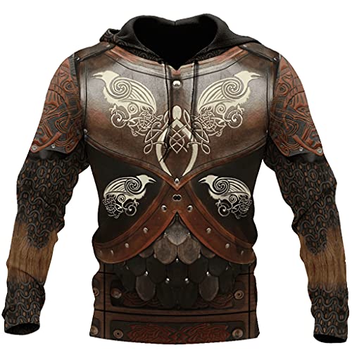 Mens 3D Print Tattoo Viking Raven Armor Hoodie, Norse Odin Crow Streetwear Long Sleeve Casual Sweatshirt