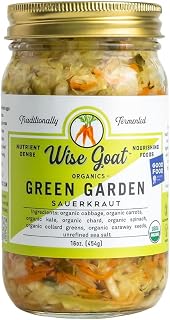 Wise Goat Organics Raw Organic Green Garden Sauerkraut - Probiotic Gut Health Boost, Vegan Keto Paleo, 16oz Glass Jar