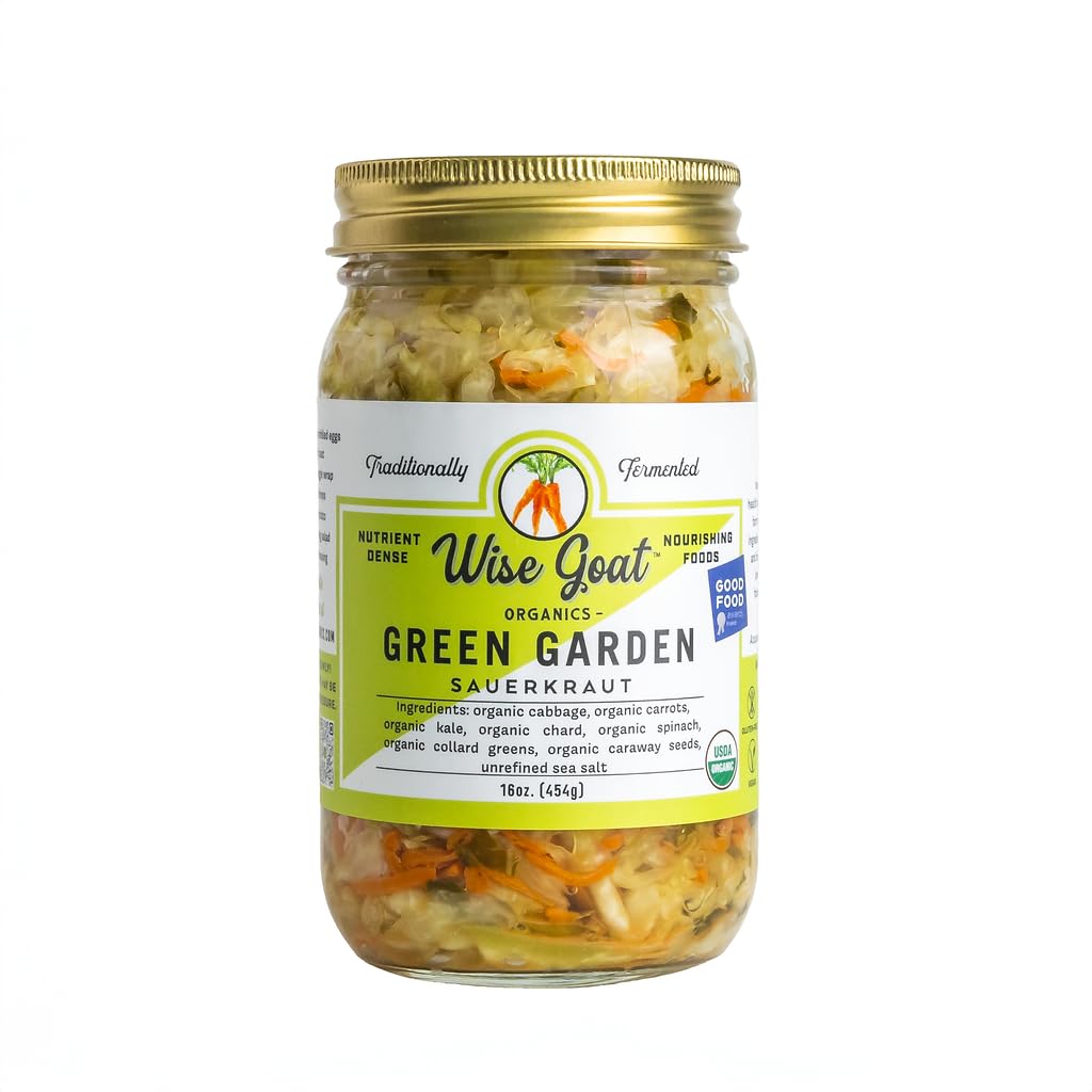 Wise Goat Organics Raw Organic Green Garden Sauerkraut - Probiotic Gut Health Boost, Vegan Keto Paleo, 16oz Glass Jar