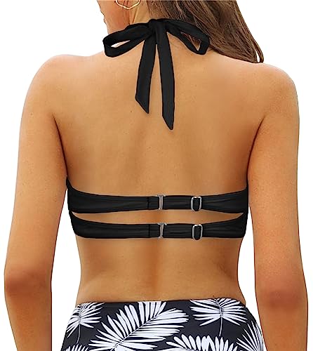 Women's Supportive Halter Bikini Padded Push Up Ruched Bust Hook Back Swimsuit Bathing Suit Tops Only3