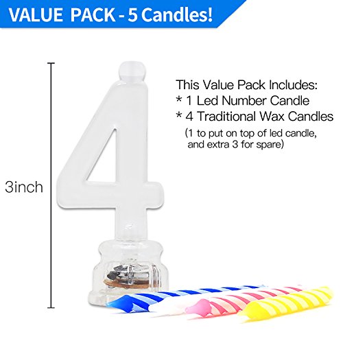 Novelty Place Birthday Number Candle Set, Flashing Multicolor Changing LED Birthday Cake Topper with 4 Wax Candles (Number 4) - Thumbnail 3