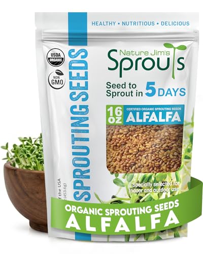 Nature Jims Sprouts Alfalfa Seeds Non-GMO Organic Sprout for Growing & Planting Premium Resealable Bag for Fresh Homegrown Sprouting Seeds Rich in Nutrients Vitamins Fiber & Minerals 16oz