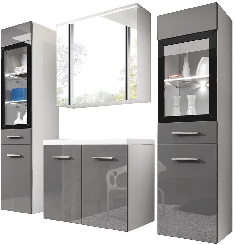 PIASKI Conjunto de Muebles de baño Udine, Lavabo Incluido, Juego de Muebles de baño, Armario Alto, Mueble de Lavabo, Espejo, Armario acristalado, sifón y lavaboincluido (Gris LED)