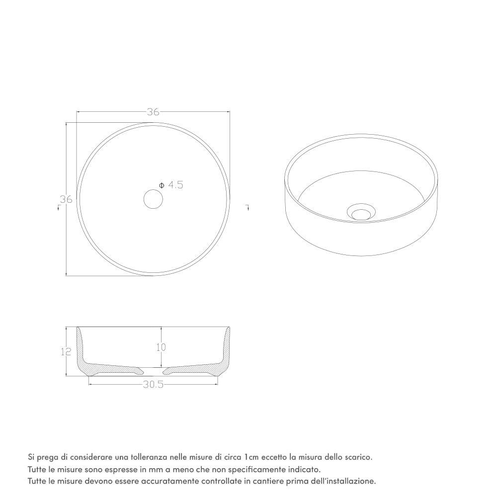 Lavabo da Appoggio Senza Troppo Pieno 36x36x12 cm Tondo in Ceramica Bianco Lucido per Mensole da Bagno Sospese