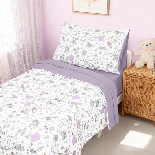 Image of SWESEN Toddler Bedding Set for Girls, Purple Floral Toddler Girls Bedding Set, Soft & Lightweight 4 Piece Toddler Comforter Sets Include Comforter, Flat Sheet, Fitted Sheet, Pillowcase