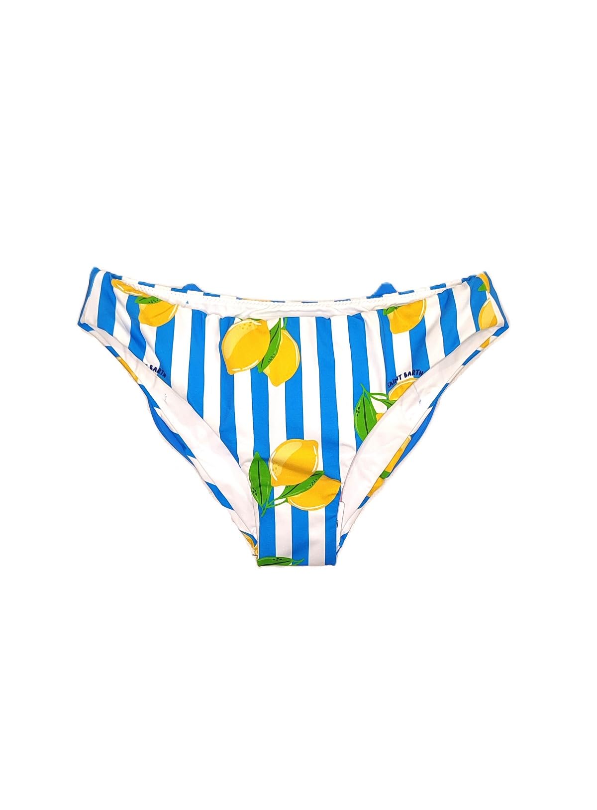 Saint Barth MC2 Costume Slip da Bambina a Righe Azzurre con Stampa Limoni e Fiocco sul Dietro