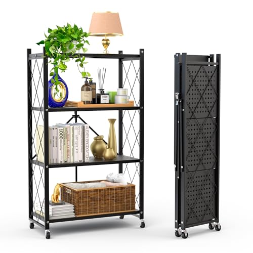 Our Modern Space 4-Tier Foldable Storage Shelf with Wheels | Metal Rack Collapsible Shelving Display | Rolling Cart for Books Kitchen Storage Shelves | Pantry & Closet Organizer | Office Room Decor