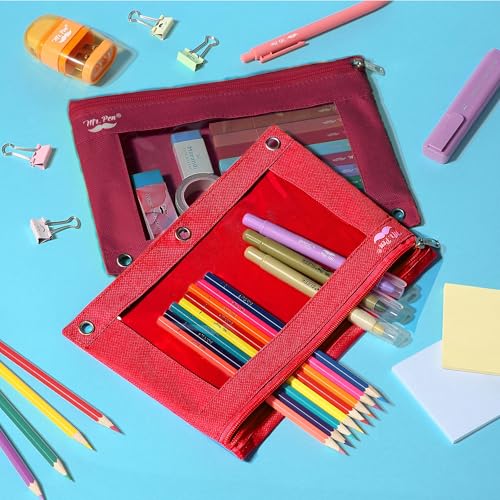 Image of Mr. Pen- Pencil Pouch for 3 Ring Binder, 2 Pack, 10 inchx6.75 inch, Smooth Zipper | Clear Window, Large Capacity Pencil Case with 3 Reinforced Grommets for School, Office, Supplies Storage | Clear Window, Large Capacity Pencil Case with 3 Reinforced Grommets for School, Office, Supplies Storage