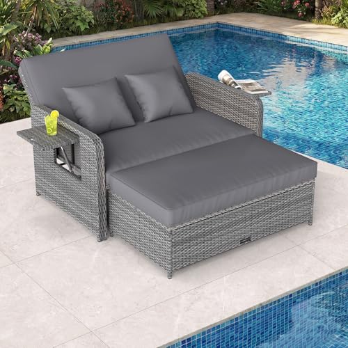 COSTWAY 4 en 1 Tumbona de Ratán para Patio, Sofa Exterior de Ratán con Respaldo Ajustable y Mesas Auxiliares Plegables, Conjunto de Sofá de 2 Piezas y Otomana con Almacenamiento (Gris+Gris)