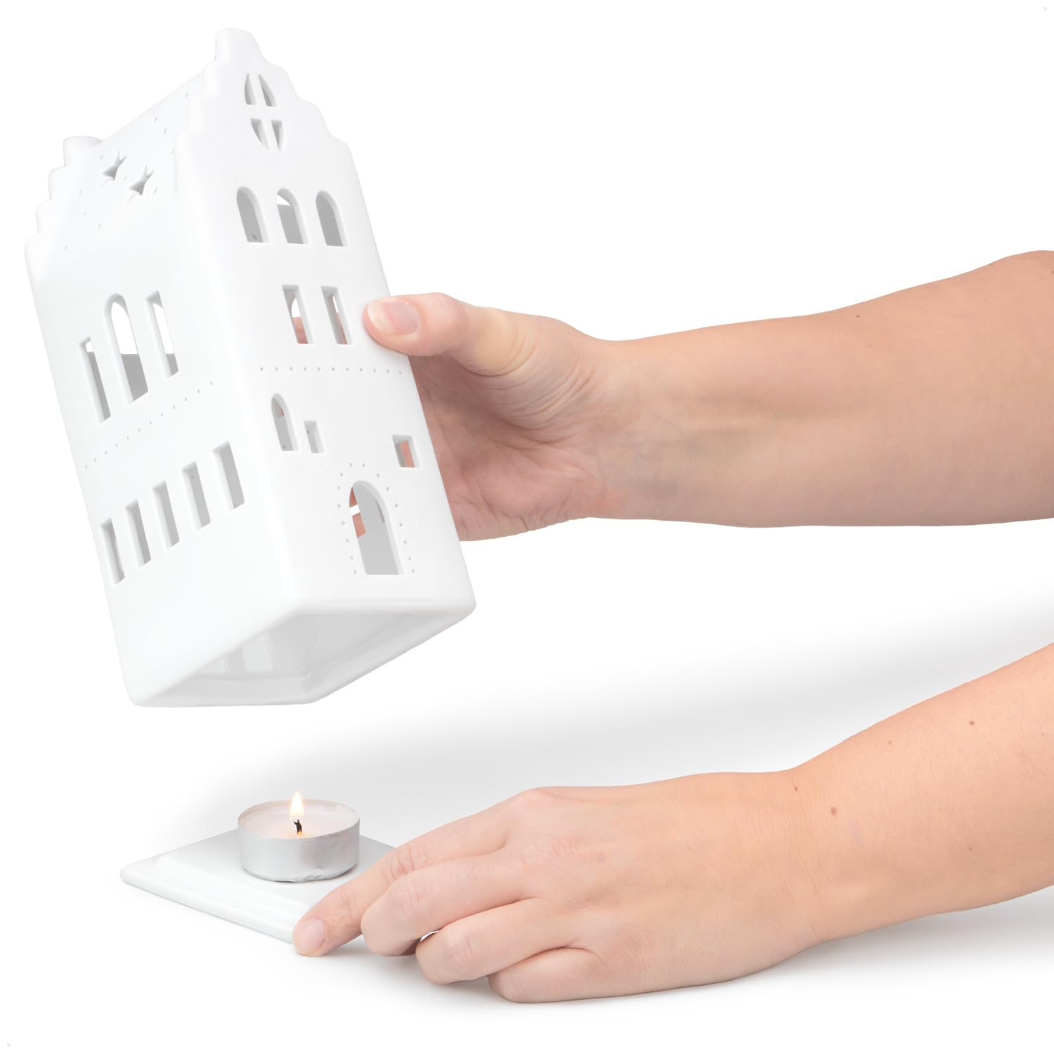 COM-FOUR® swiecznik z porcelany, domek z matowej porcelany z podstawa | latarnik - stylowa dekoracja pokoju w ksztalcie domku