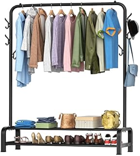 Clothing Garment Rack Heavy Duty Clothes Rail for Bedroom, Freestanding Metal Coat Stand Rack with 6 Side Hooks, Two Shelves Clothing Rack for Clothes Hats Bags (Black)